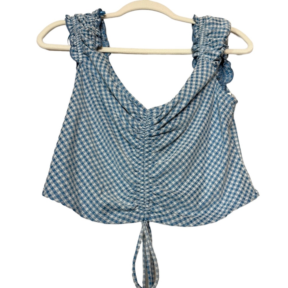 URBAN Romantics Blue and White Gingham Ruffled Sleeve Crop Top